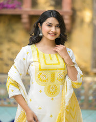 Women Offwhite & Lime Printed Kurta Pant Dupatta-P1090MULTI_ON