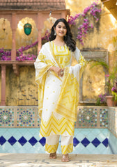 Women Offwhite & Lime Printed Kurta Pant Dupatta-P1090MULTI_ON