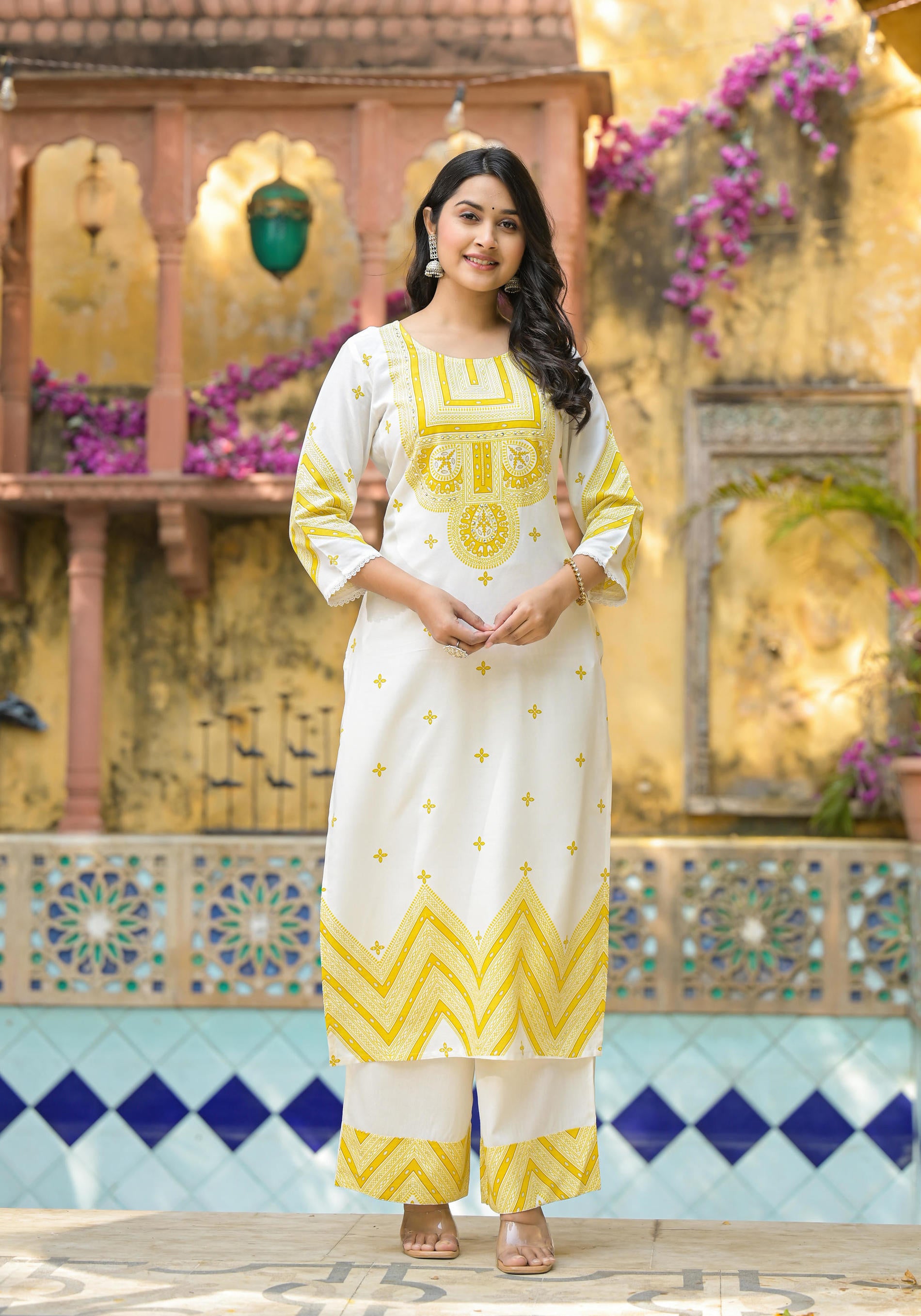 Women Offwhite &  Lime Printed  Kurta Pant Dupatta