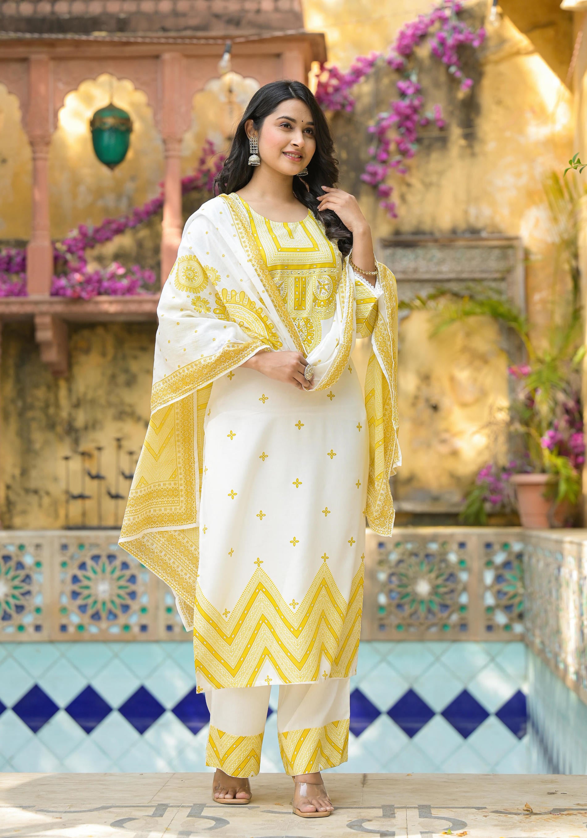 Women Offwhite &  Lime Printed  Kurta Pant Dupatta