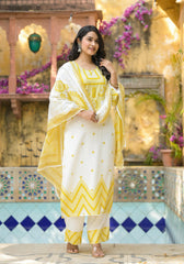 Women Offwhite & Lime Printed Kurta Pant Dupatta-P1090MULTI_ON