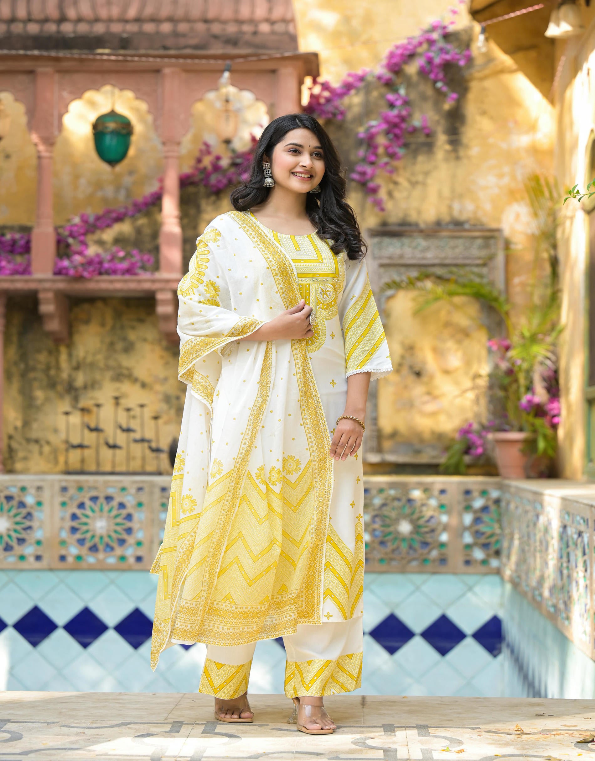 Women Offwhite &  Lime Printed  Kurta Pant Dupatta