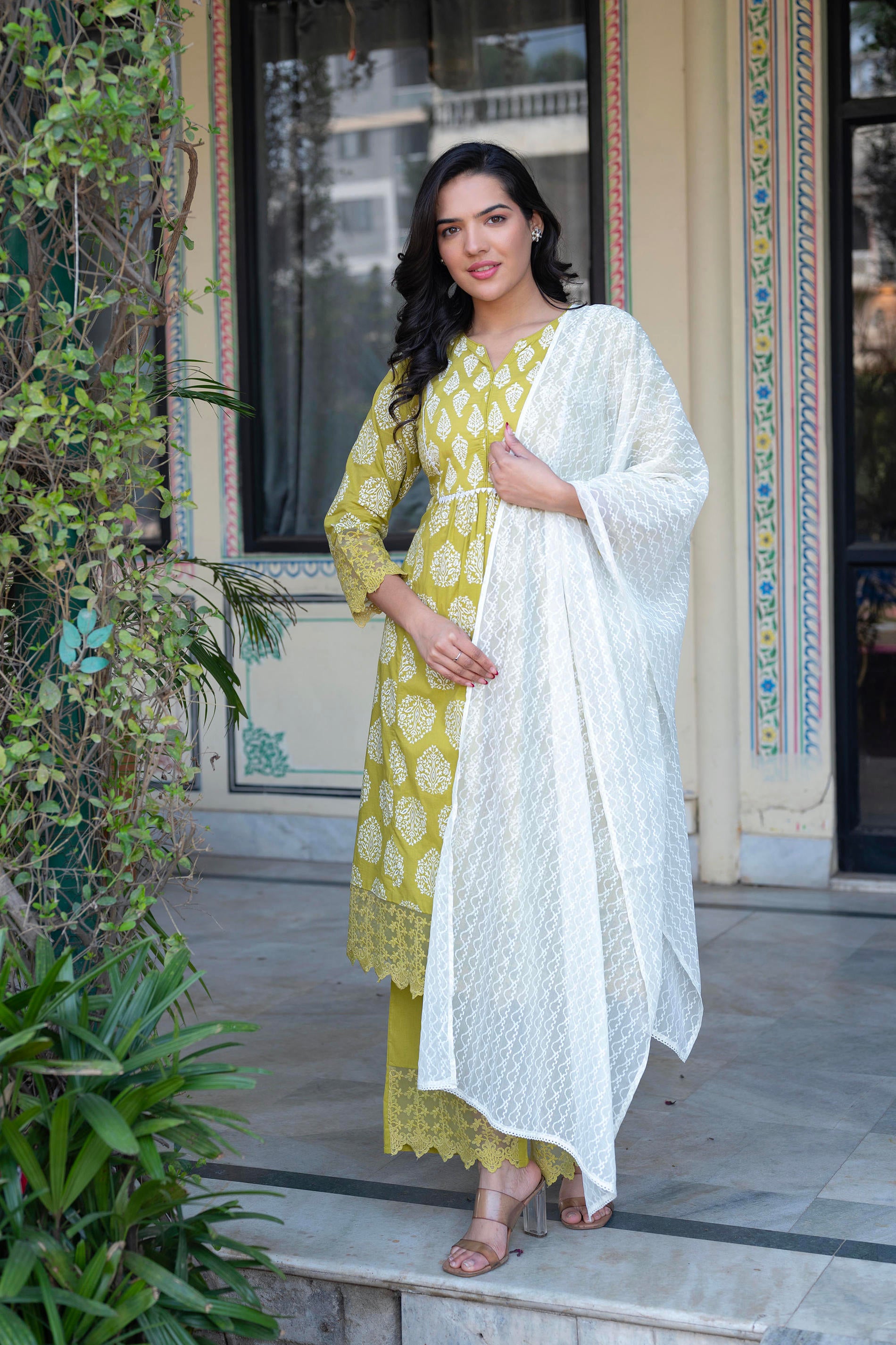 Lime Green Printed Cotton Kurta with Palazzo & Chiffon Dupatta