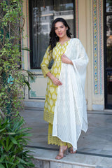 Lime Green Printed Cotton Kurta with Palazzo & Chiffon Dupatta-P1094LIMEGREEN_ON