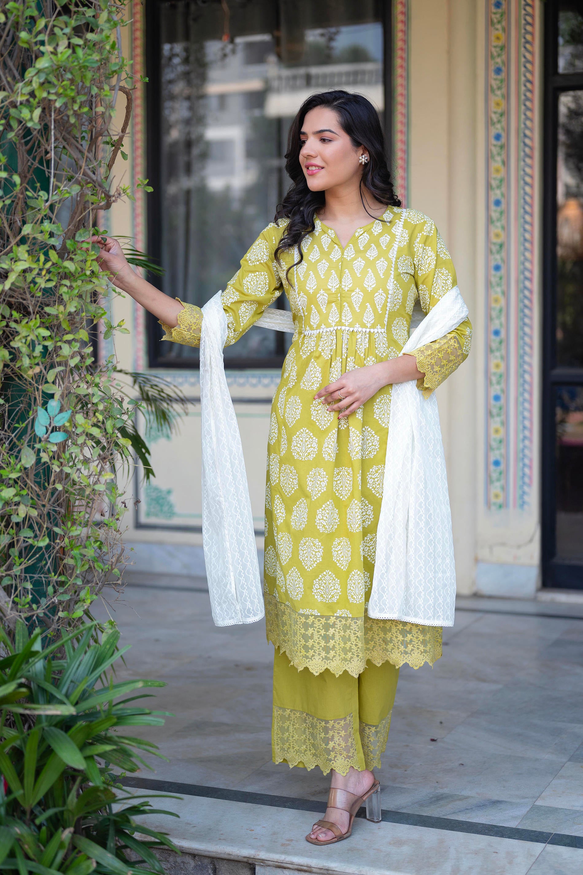 Lime Green Printed Cotton Kurta with Palazzo & Chiffon Dupatta