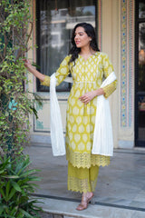 Lime Green Printed Cotton Kurta with Palazzo & Chiffon Dupatta-P1094LIMEGREEN_ON