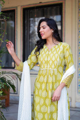 Lime Green Printed Cotton Kurta with Palazzo & Chiffon Dupatta-P1094LIMEGREEN_ON