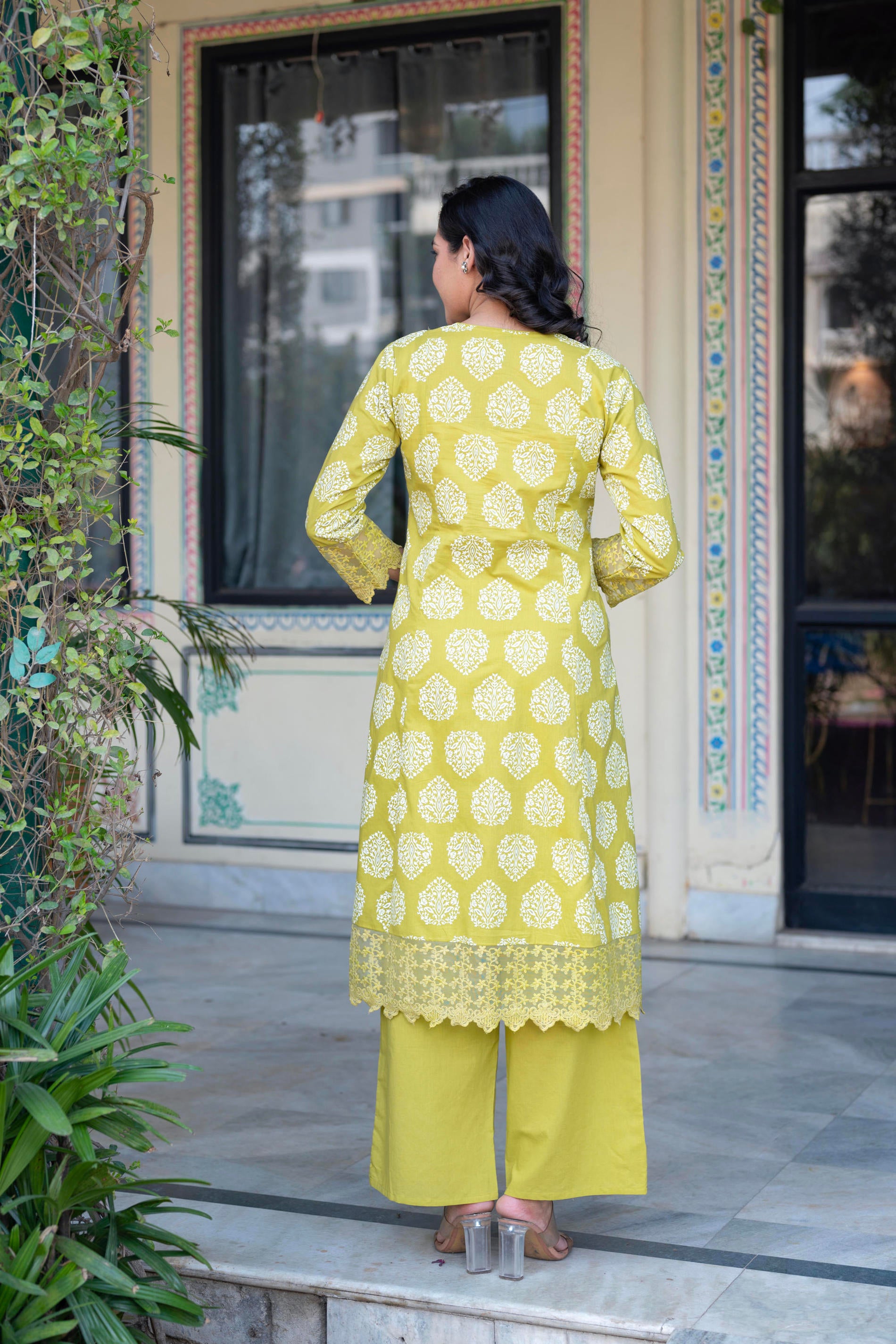 Lime Green Printed Cotton Kurta with Palazzo & Chiffon Dupatta