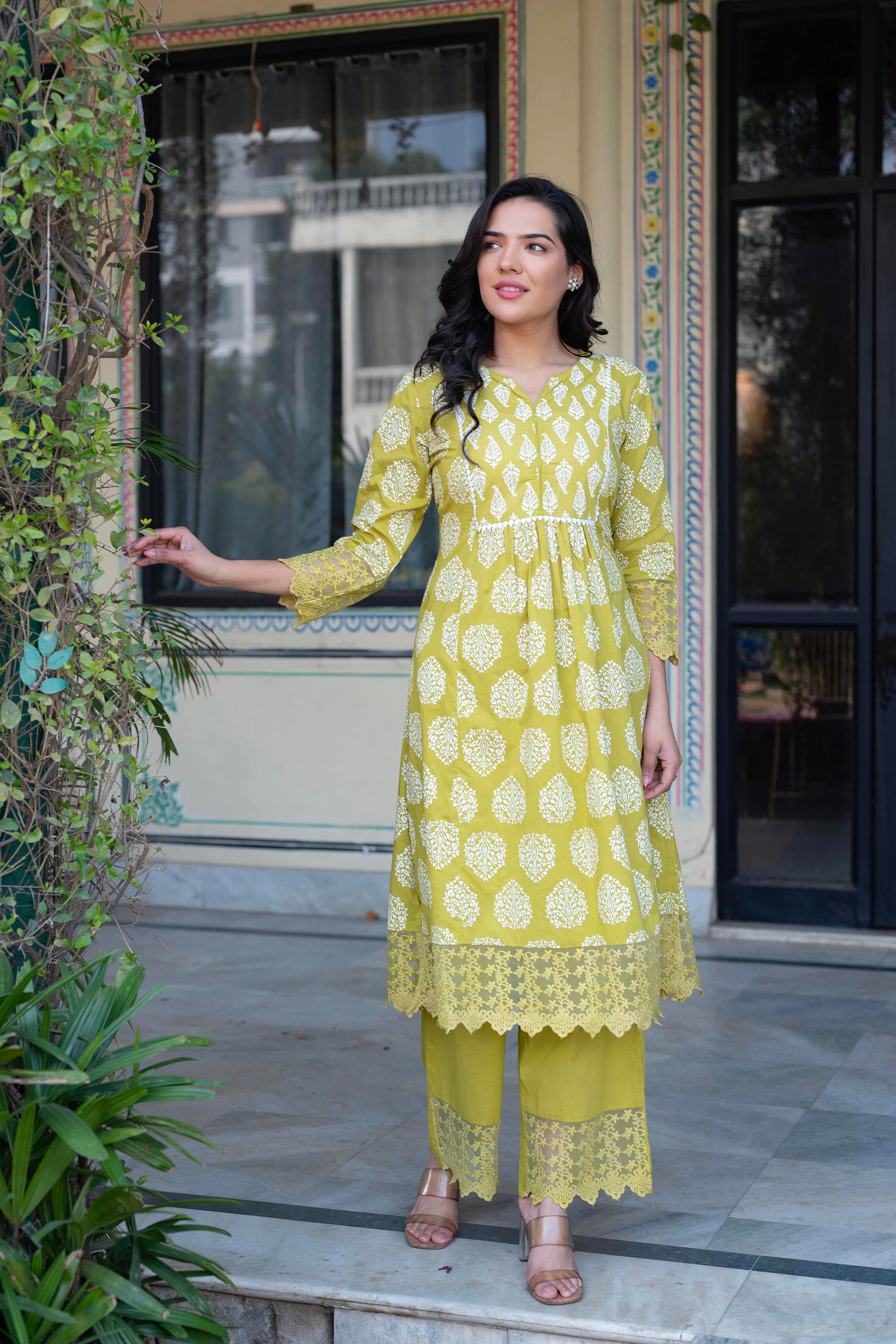 Lime Green Printed Cotton Kurta with Palazzo & Chiffon Dupatta