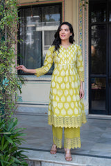 Lime Green Printed Cotton Kurta with Palazzo & Chiffon Dupatta-P1094LIMEGREEN_ON