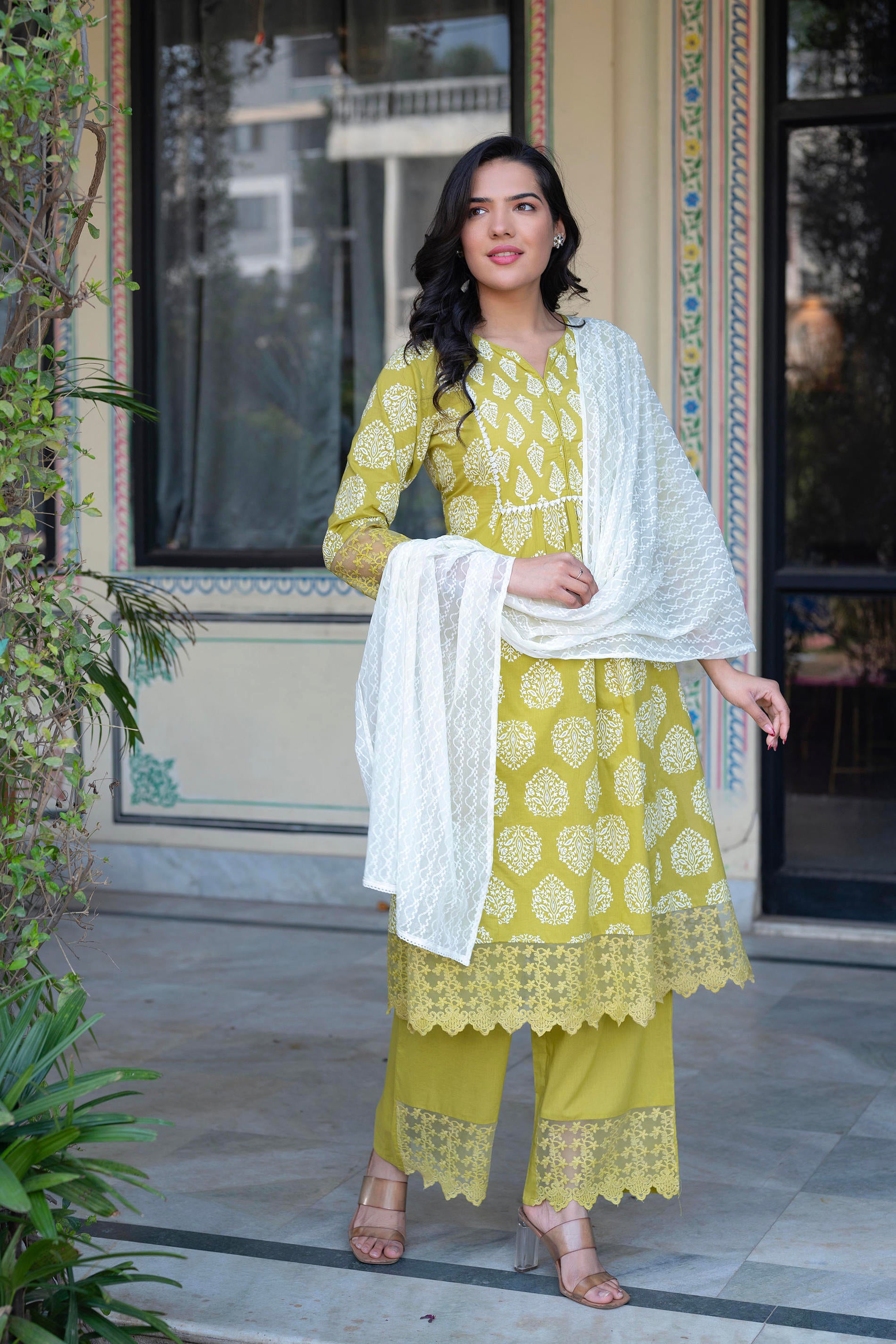Lime Green Printed Cotton Kurta with Palazzo & Chiffon Dupatta