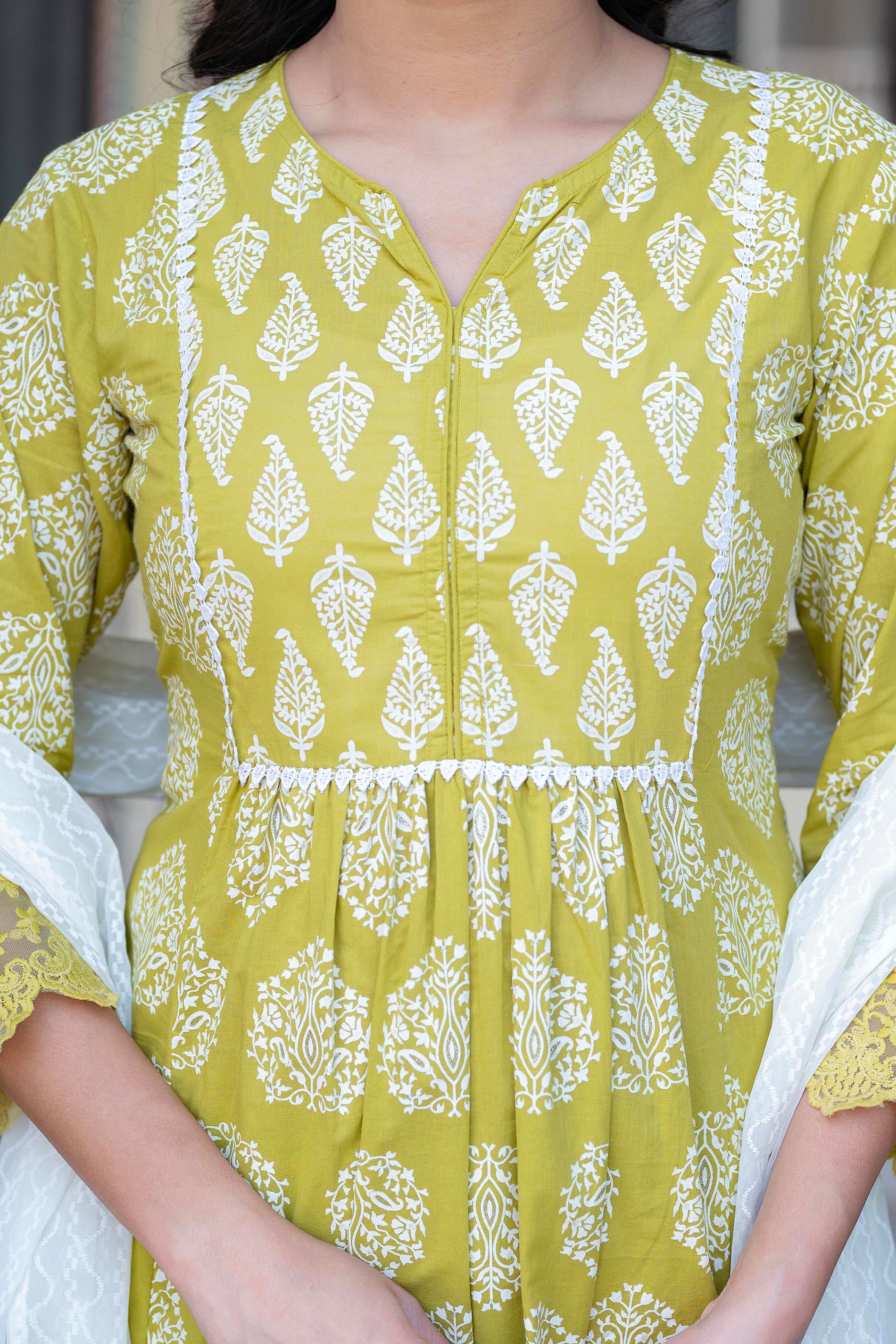 Lime Green Printed Cotton Kurta with Palazzo & Chiffon Dupatta