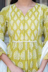 Lime Green Printed Cotton Kurta with Palazzo & Chiffon Dupatta-P1094LIMEGREEN_ON