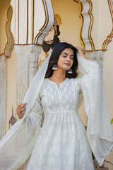 Women White Printed Kurta Pant Dupatta-P1094WHITE_ON