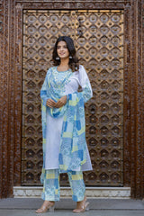 Blue Ethnic Printed Kurta Set with Dupatta