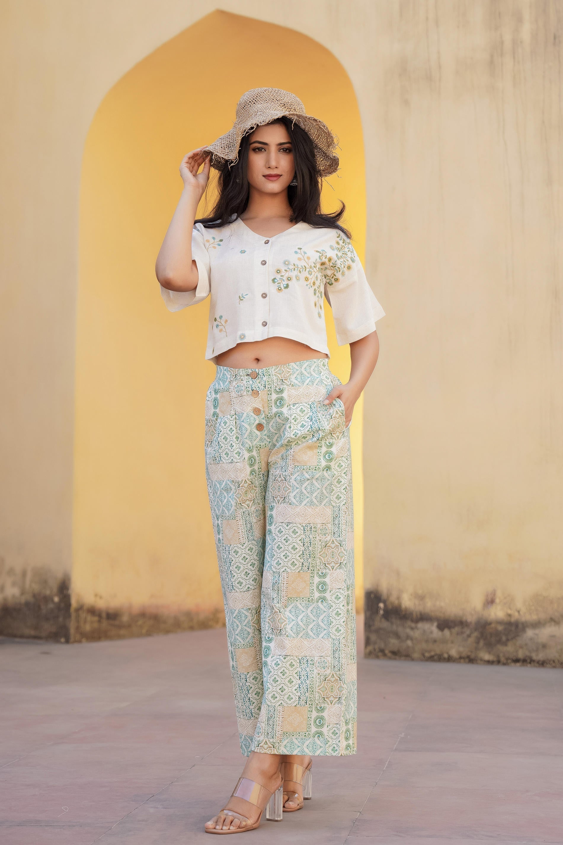 White & Mint Green Ethnic Motif Printed Viscose Top & Palazzo With Thr