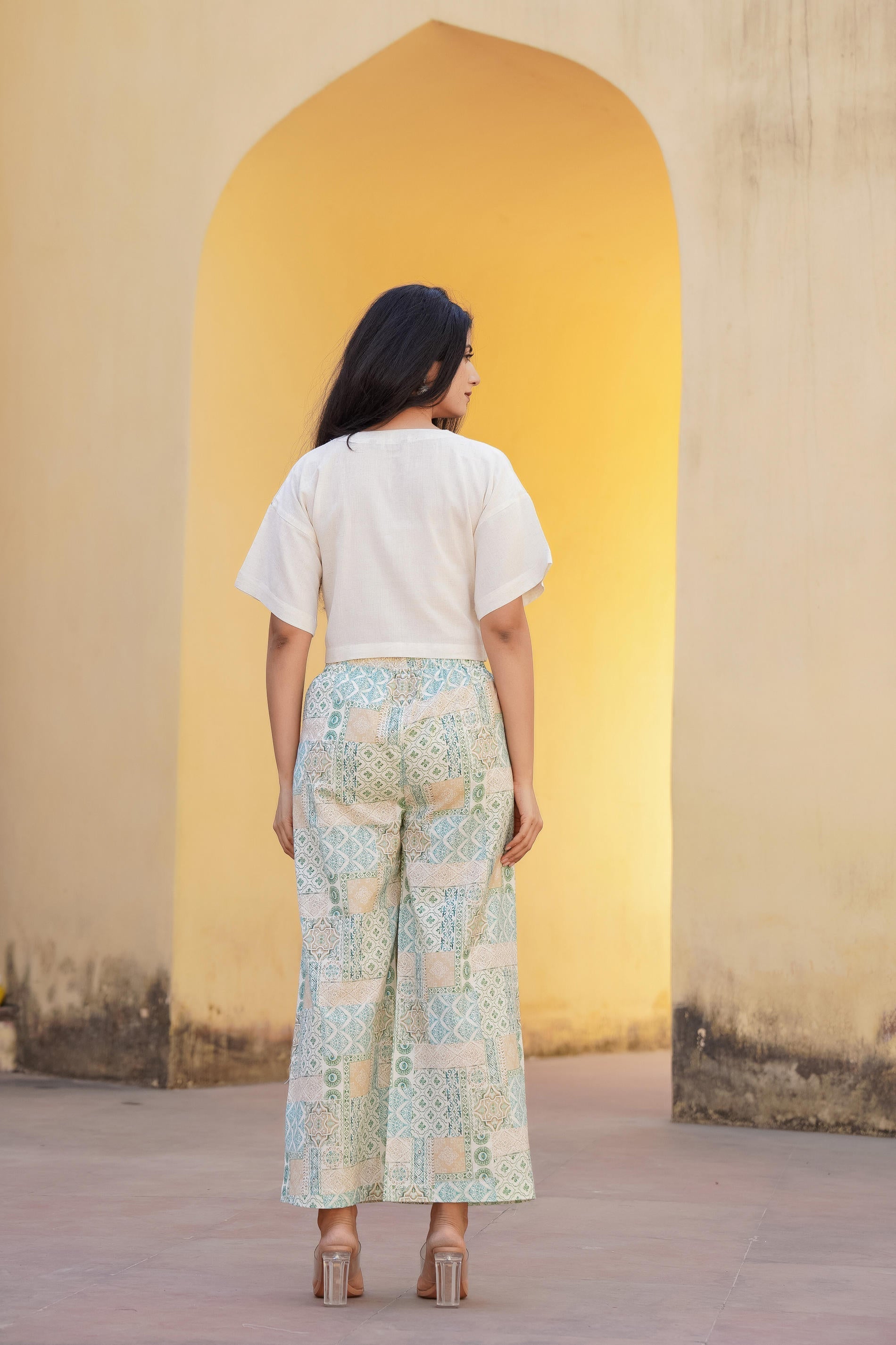 White & Mint Green Ethnic Motif Printed Viscose Top & Palazzo With Thr