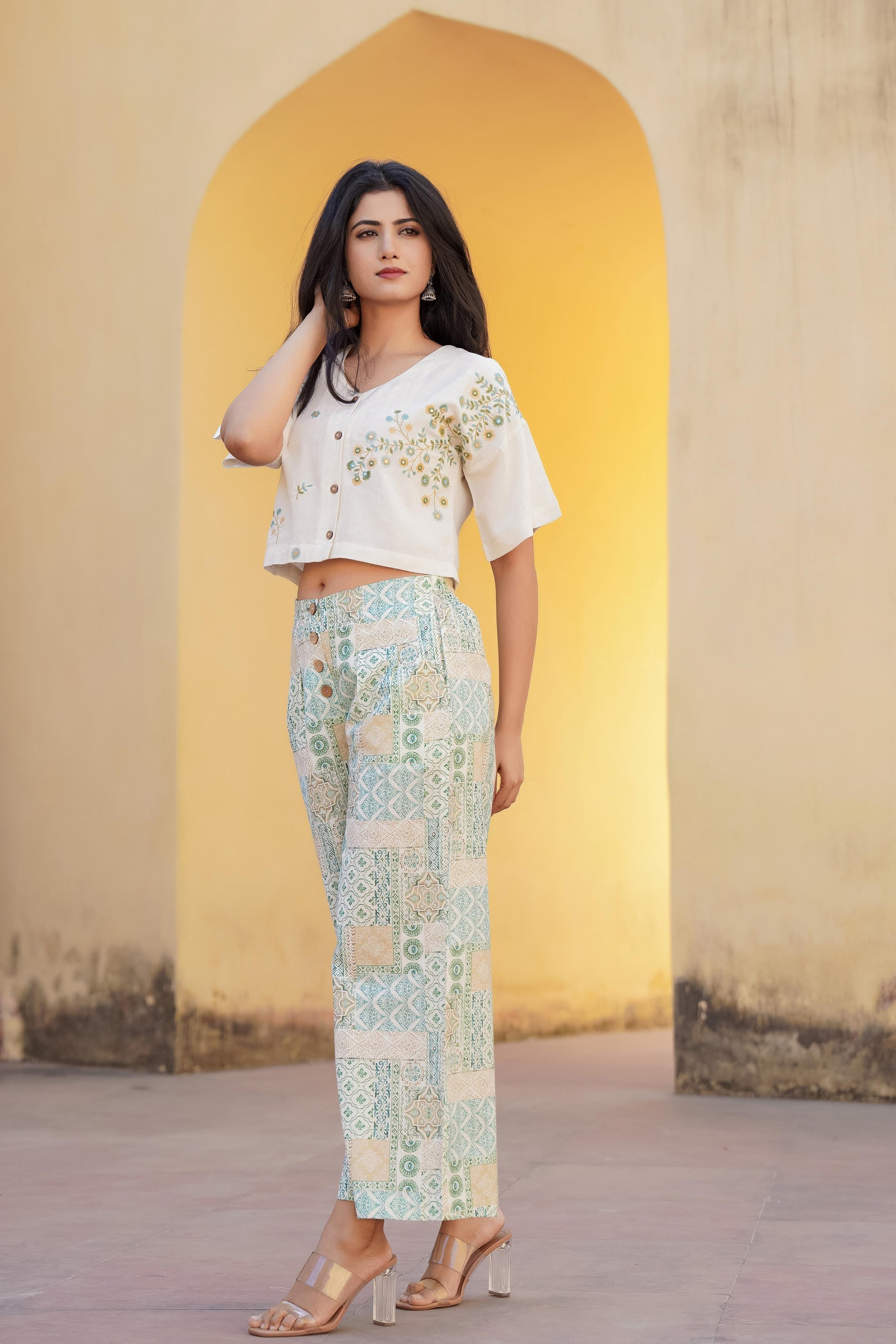 White & Mint Green Ethnic Motif Printed Viscose Top & Palazzo With Thr
