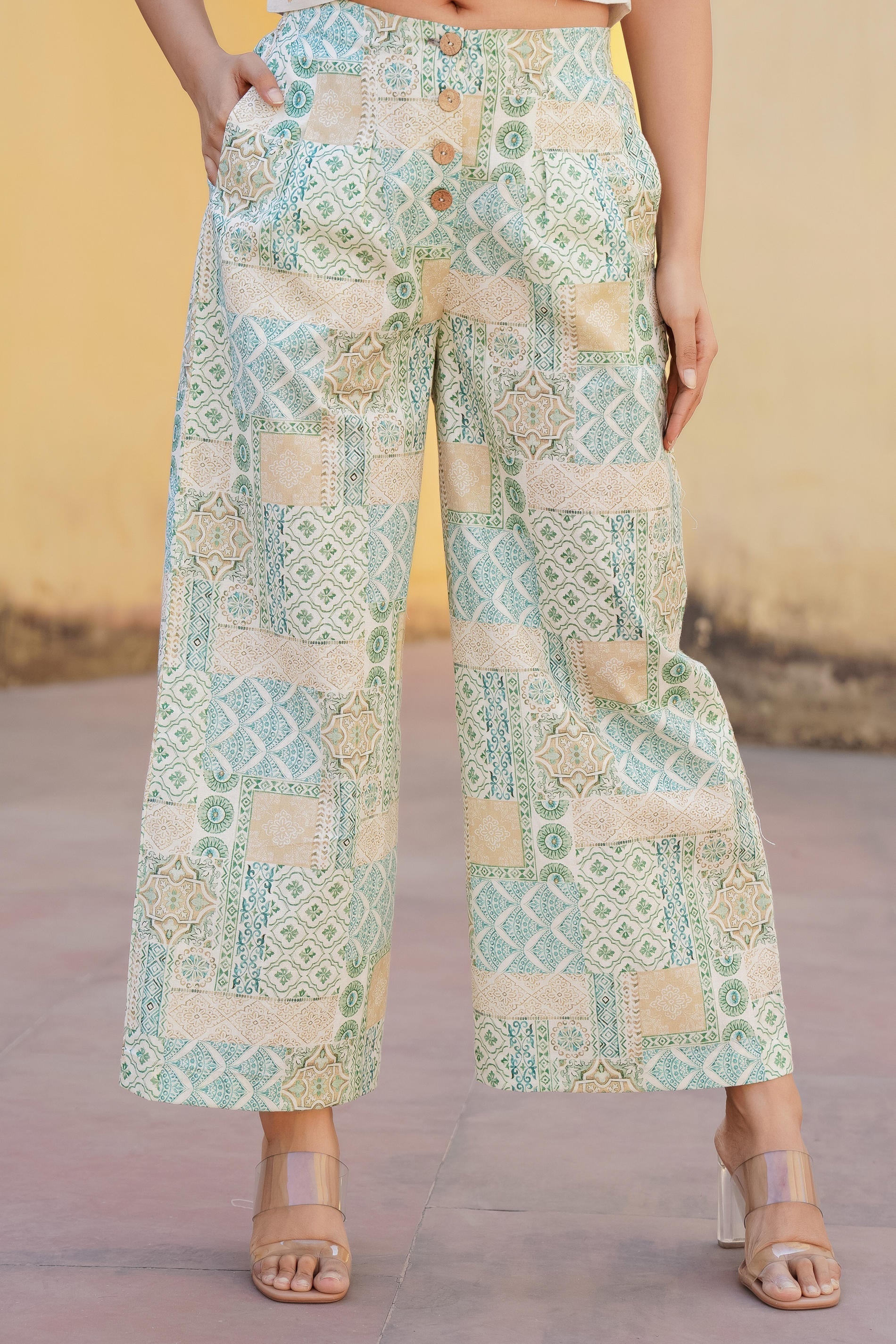 White & Mint Green Ethnic Motif Printed Viscose Top & Palazzo With Thr