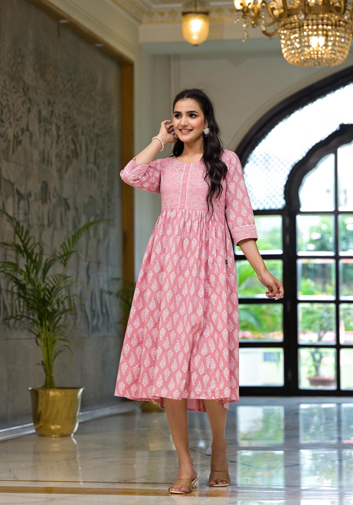 Pink Ethnic Motif Printed Cotton Short Dress with Button & Lace-P1101PINK_ON