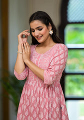 Pink Ethnic Motif Printed Cotton Short Dress with Button & Lace-P1101PINK_ON