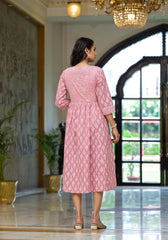 Pink Ethnic Motif Printed Cotton Short Dress with Button & Lace-P1101PINK_ON
