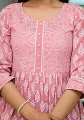 Pink Ethnic Motif Printed Cotton Short Dress with Button & Lace-P1101PINK_ON