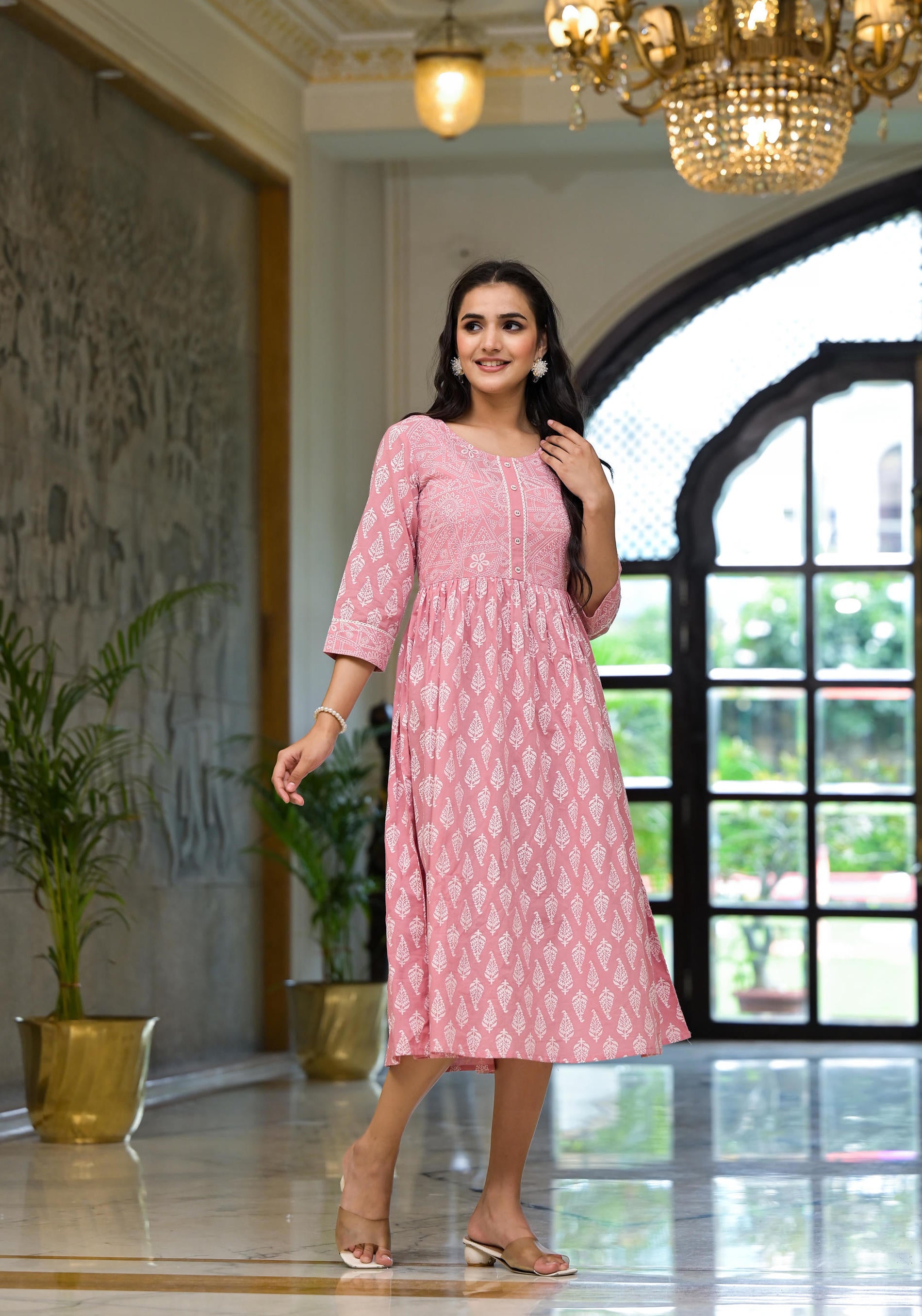 Pink Ethnic Motif Printed Cotton Short Dress with Button & Lace