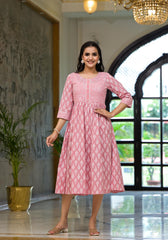 Pink Ethnic Motif Printed Cotton Short Dress with Button & Lace-P1101PINK_ON