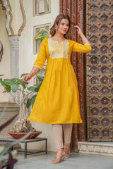Women Mustard Solid With Embroidered Straight Kurta-P11104OTMUSTARD