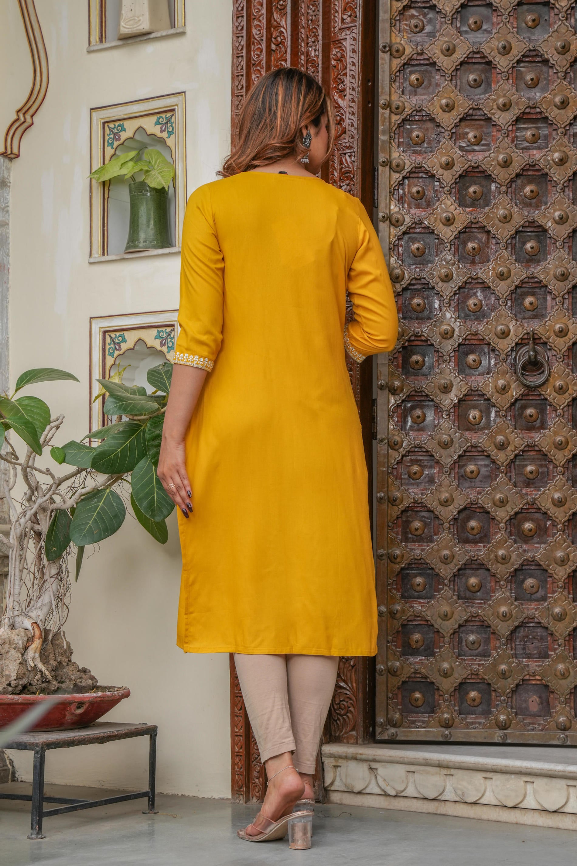 Women  Mustard  Solid With Embroidered Straight Kurta