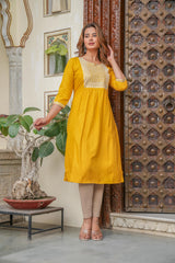 Women Mustard Solid With Embroidered Straight Kurta-P11104OTMUSTARD