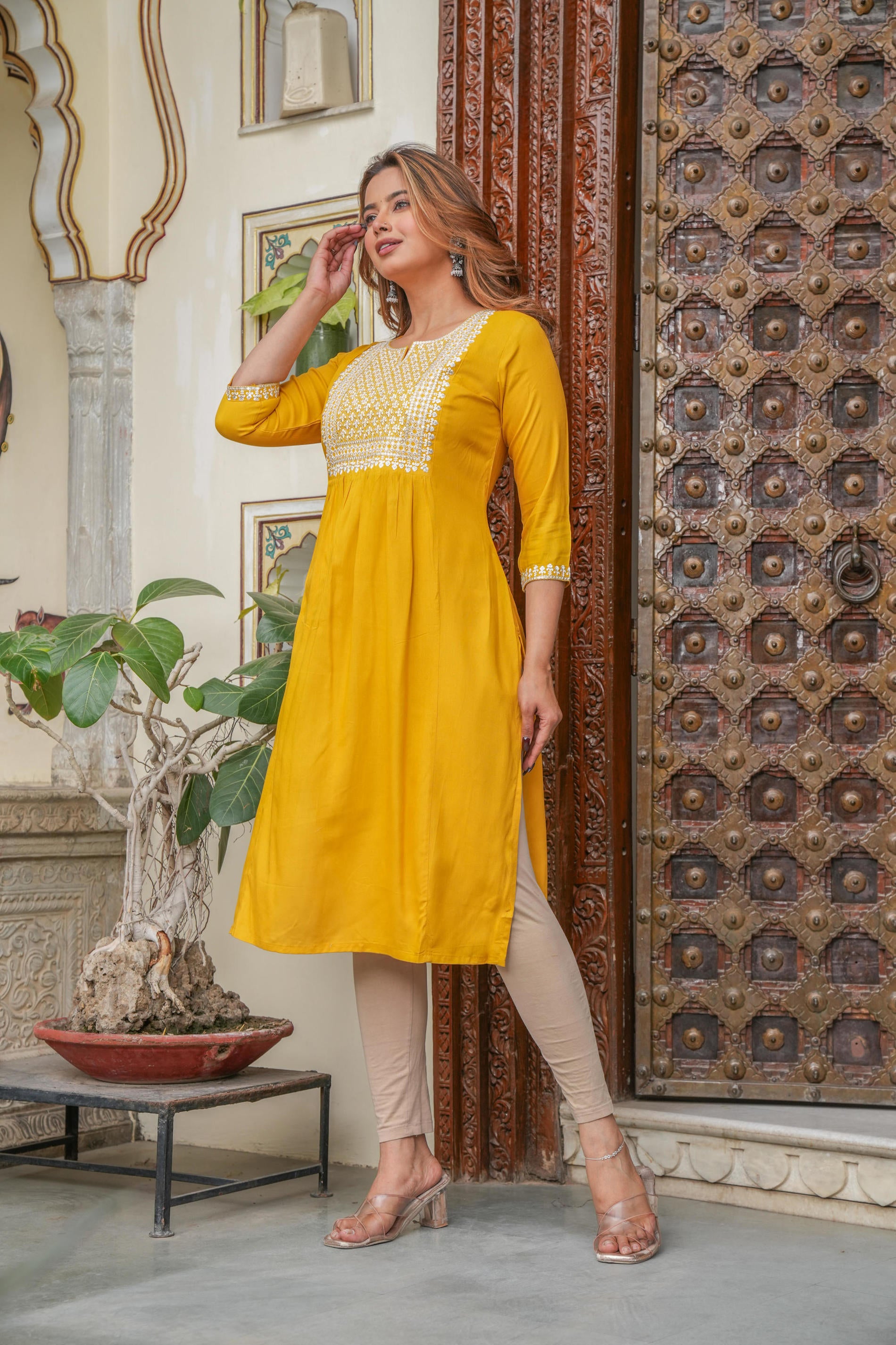 Women  Mustard  Solid With Embroidered Straight Kurta