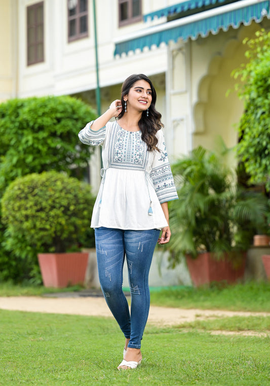White Ethnic Motif Printed Viscose Tunic With Sequins & Thread Work 2000