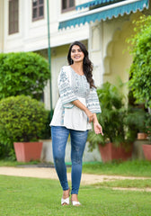 White Ethnic Motif Printed Viscose Tunic With Sequins & Thread Work