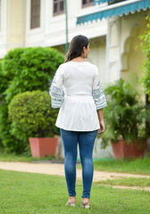 White Ethnic Motif Printed Viscose Tunic With Sequins & Thread Work-P1111WHITE