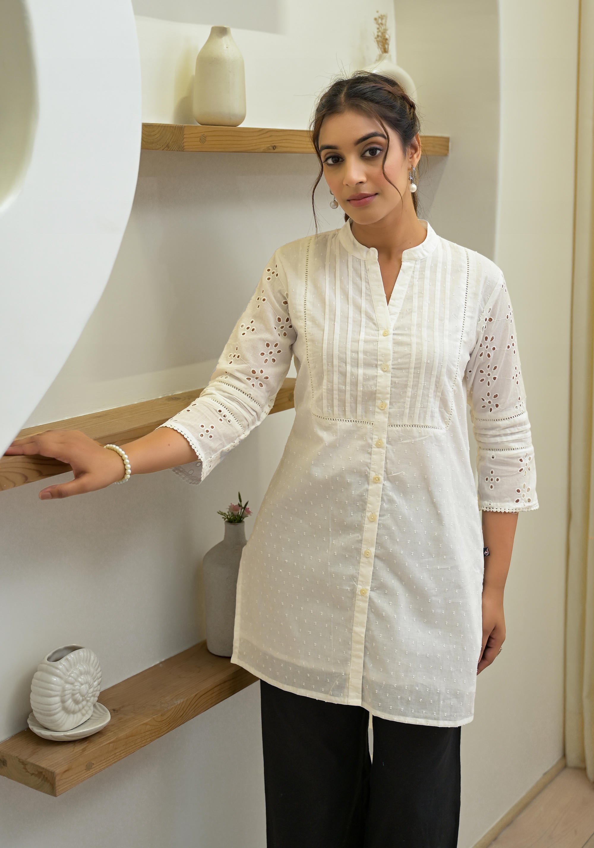 White Solid Cotton Tunic With Schiffli Work | DesiQlo