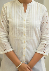 White Solid Cotton Tunic With Schiffli Work-P1112WHITE