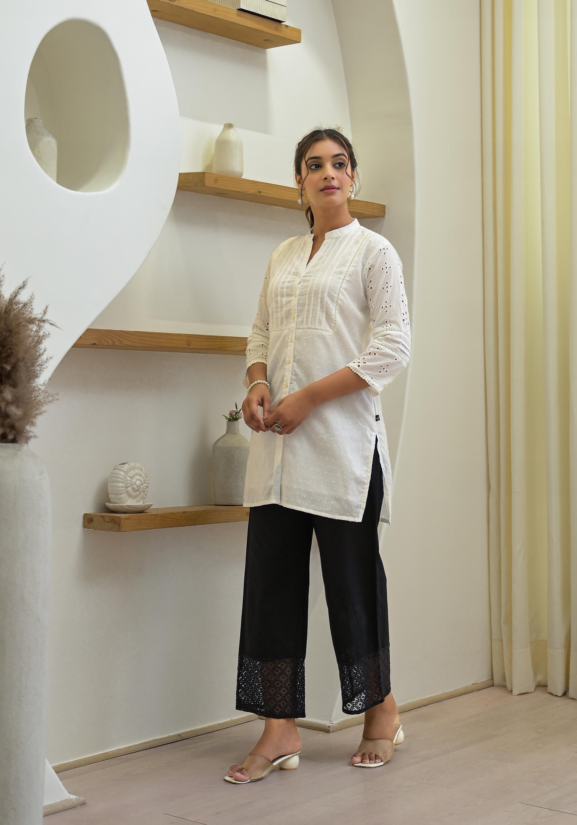 White Solid Cotton Tunic With Schiffli Work | DesiQlo