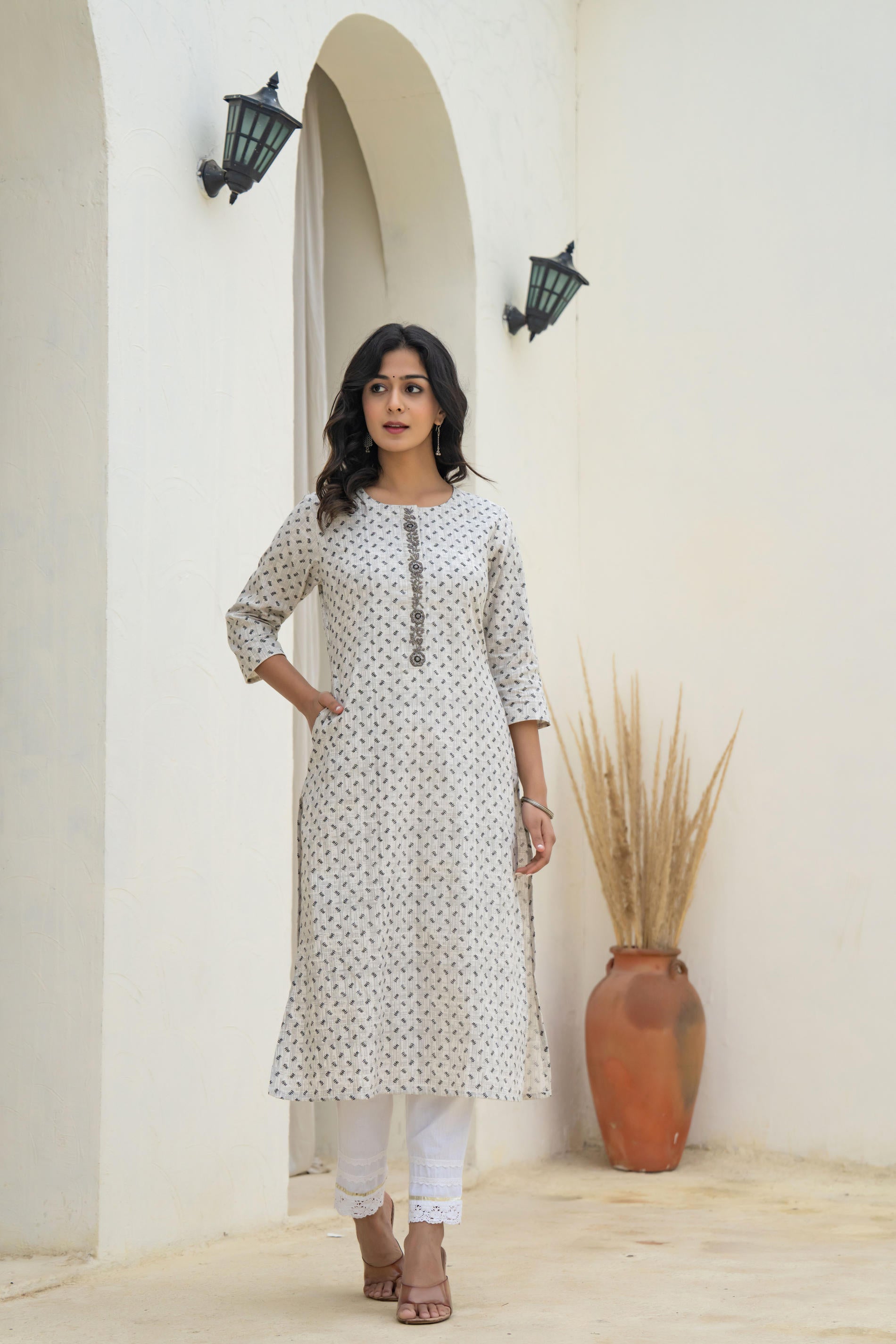 White Minimal Motif Printed Kurta-P11150OTGREY