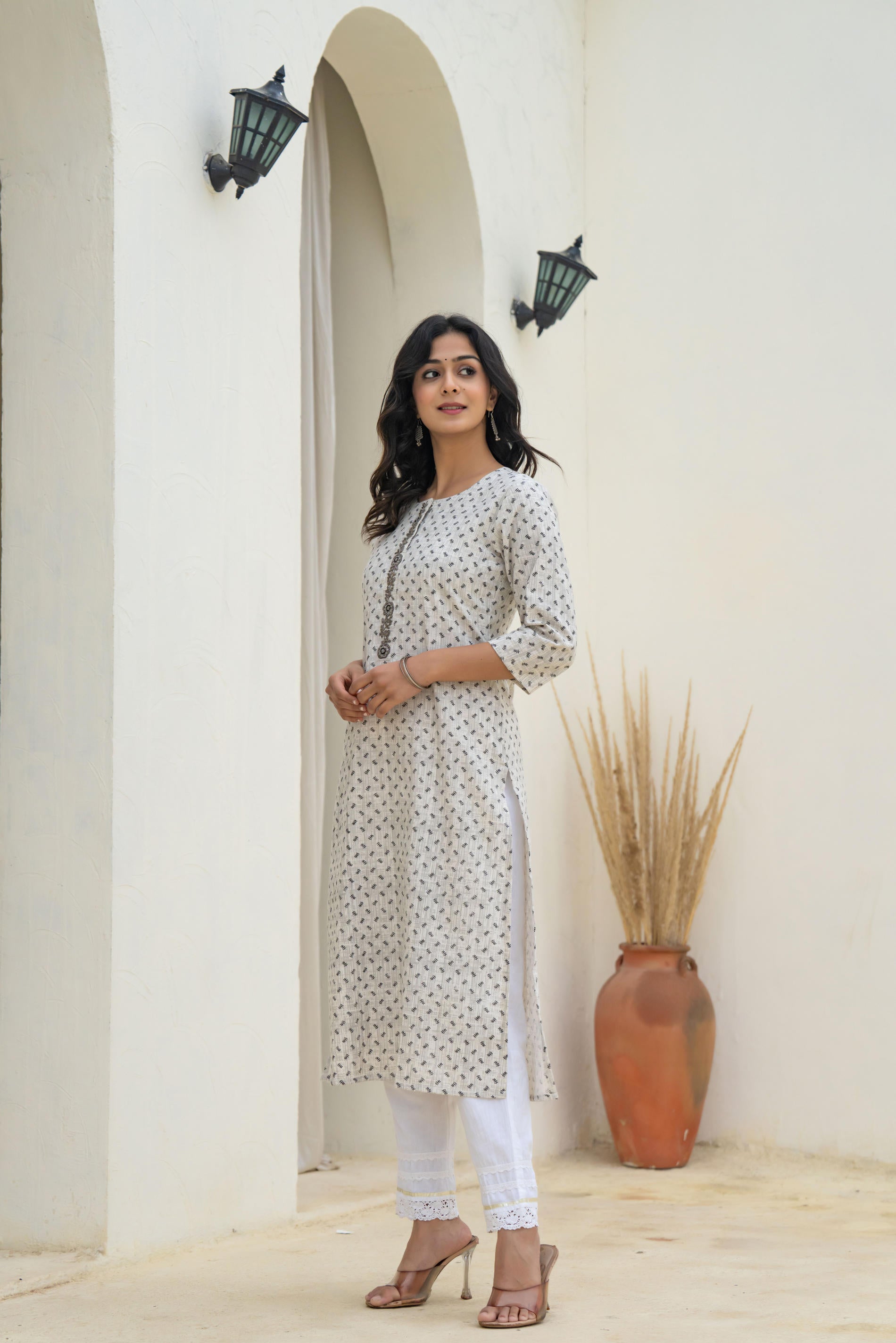 White Minimal Motif Printed Kurta-P11150OTGREY