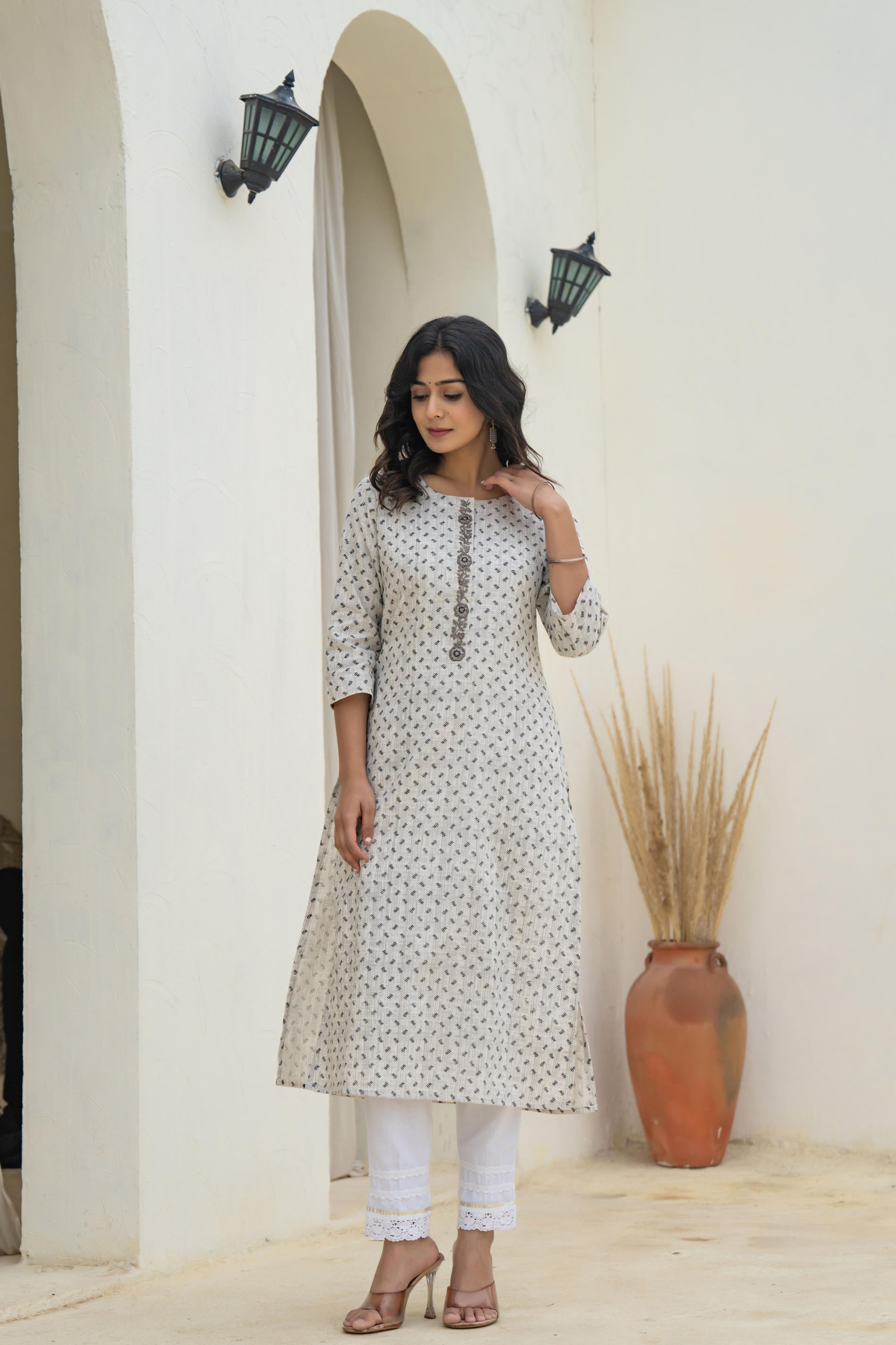 White Minimal Motif Printed Kurta-P11150OTGREY