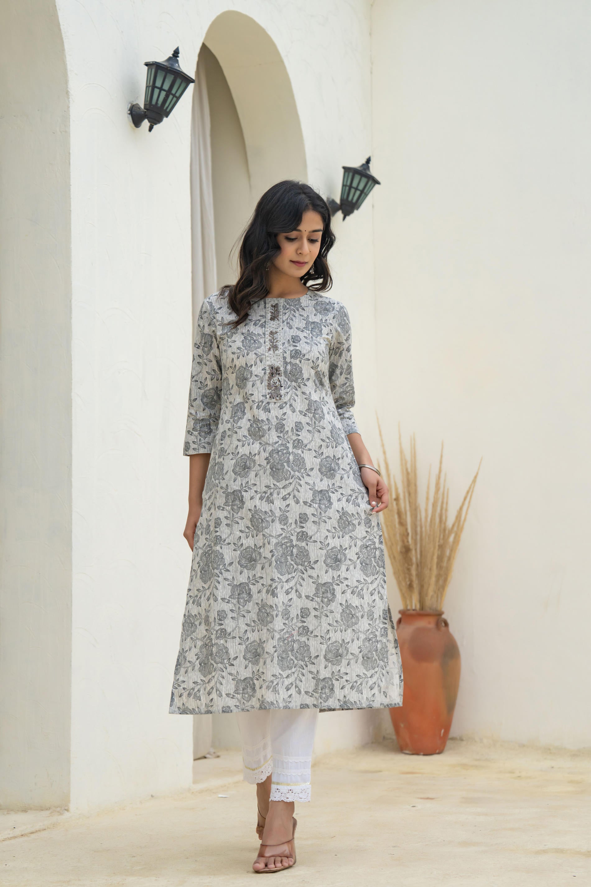Grey Floral Printed Kurta-P11151OTGREY