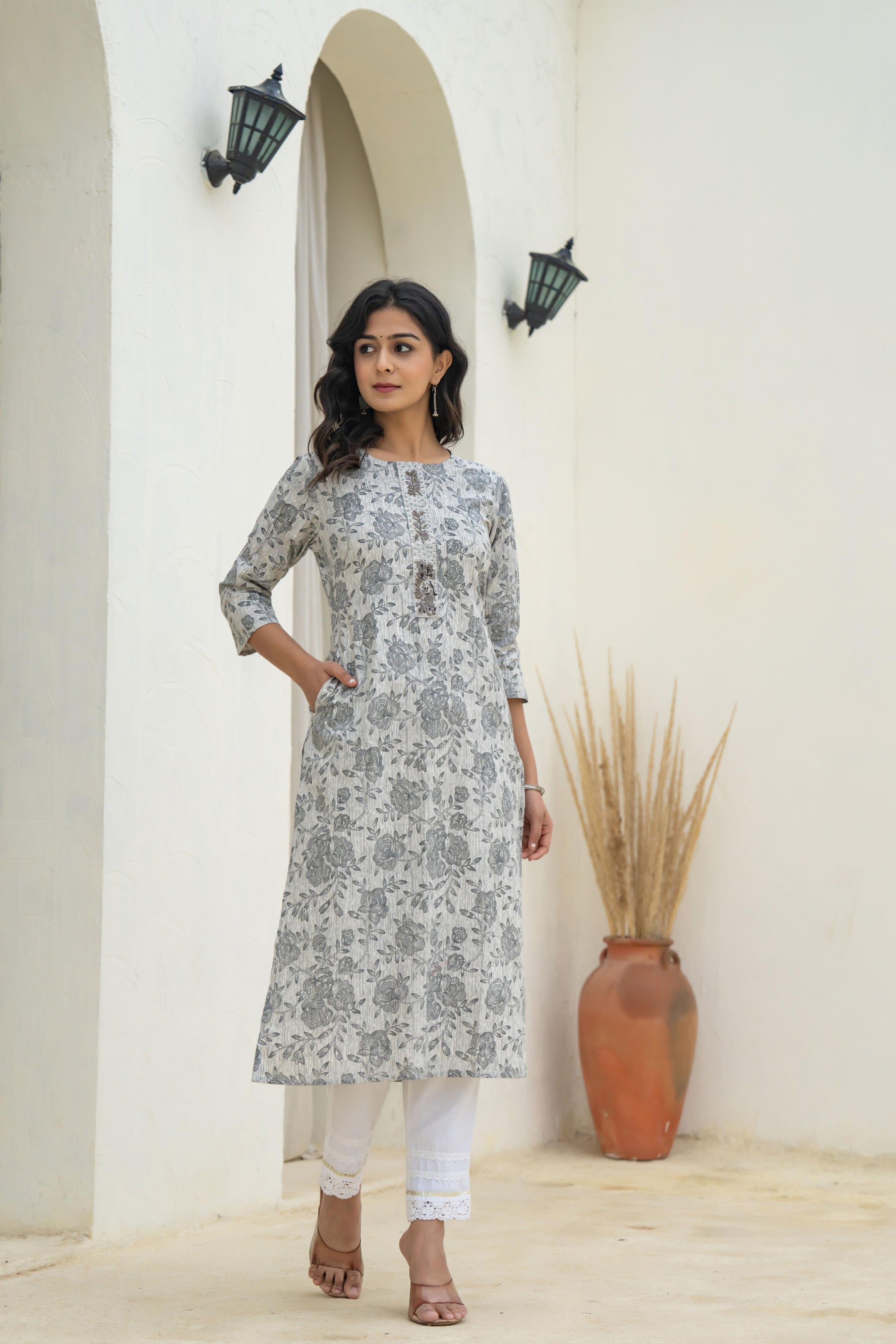 Grey Floral Printed Kurta-P11151OTGREY