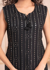 Black Geometric Embroidered Viscose Kurta with Mirror & Thread Work-P11153BLACK