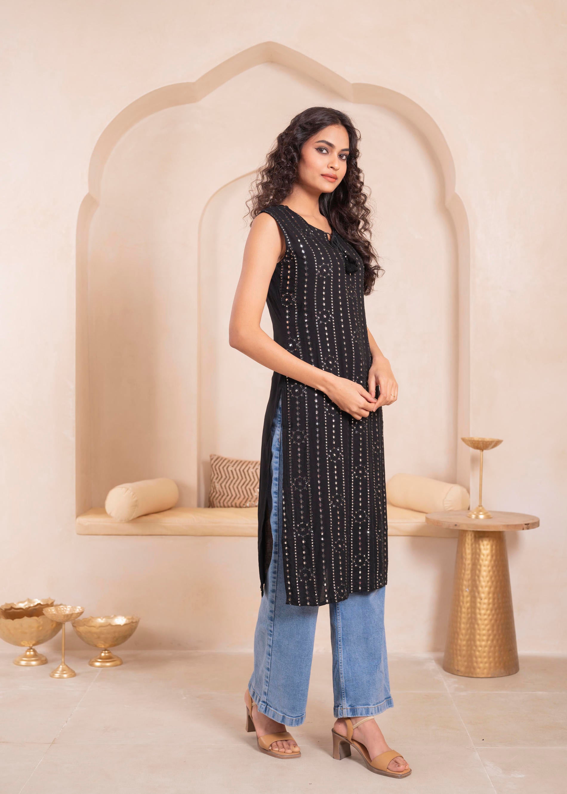 Black Geometric Embroidered Viscose Kurta with Mirror & Thread Work