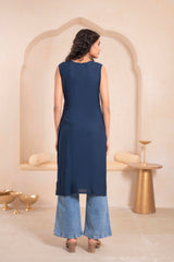 Navy Geometric Embroidered Viscose Kurta with Mirror Work and Tassels-P11153NAVY