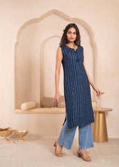 Navy Geometric Embroidered Viscose Kurta with Mirror Work and Tassels-P11153NAVY