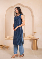 Navy Geometric Embroidered Viscose Kurta with Mirror Work and Tassels-P11153NAVY