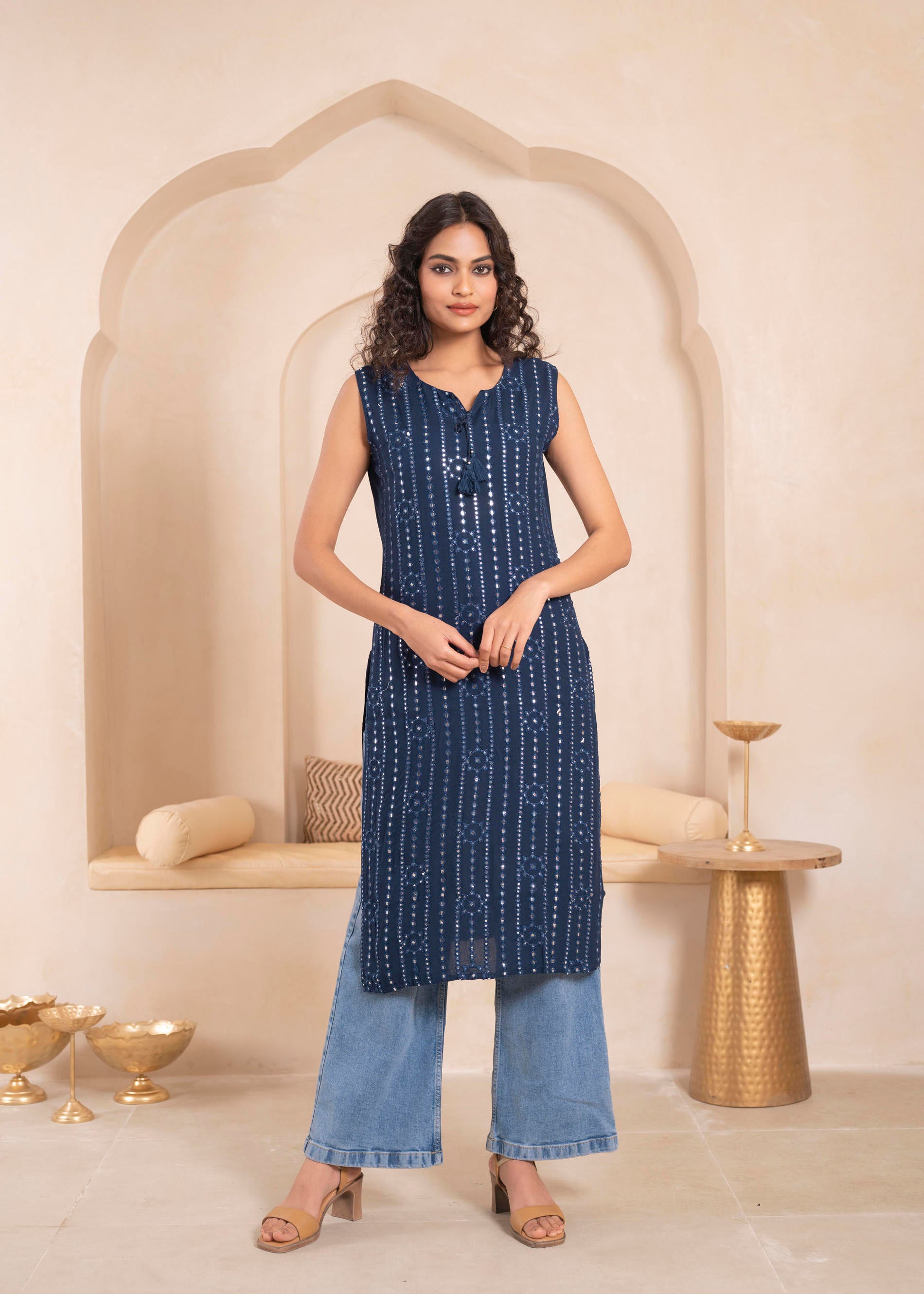 Navy Geometric Embroidered Viscose Kurta with Mirror Work and Tassels